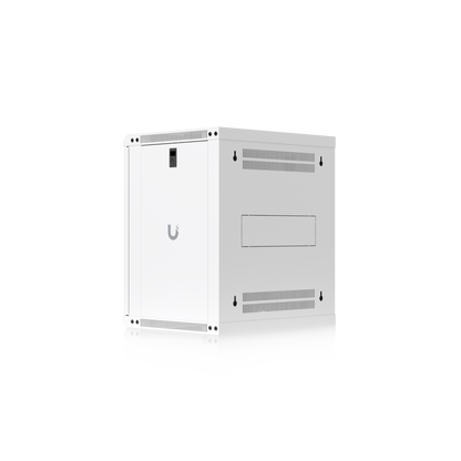Rear three-quarter view of the Ubiquiti UACC-Rack-12U-Wall-450-P UniFi Slim 12U rack cabinet with wall-mount slots, rear vents and cable entry panel.