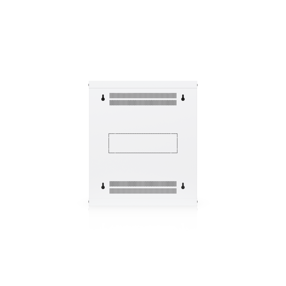 Rear view of the Ubiquiti UACC-Rack-12U-Wall-450-P UniFi Slim 12U rack cabinet showing four wall-mount keyholes, ventilation slots and cable opening.