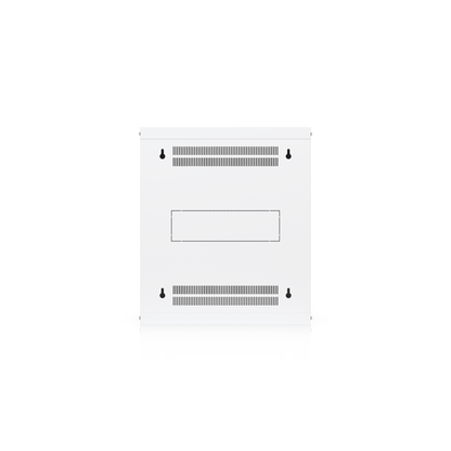 Rear view of the Ubiquiti UACC-Rack-12U-Wall-450-P UniFi Slim 12U rack cabinet showing four wall-mount keyholes, ventilation slots and cable opening.