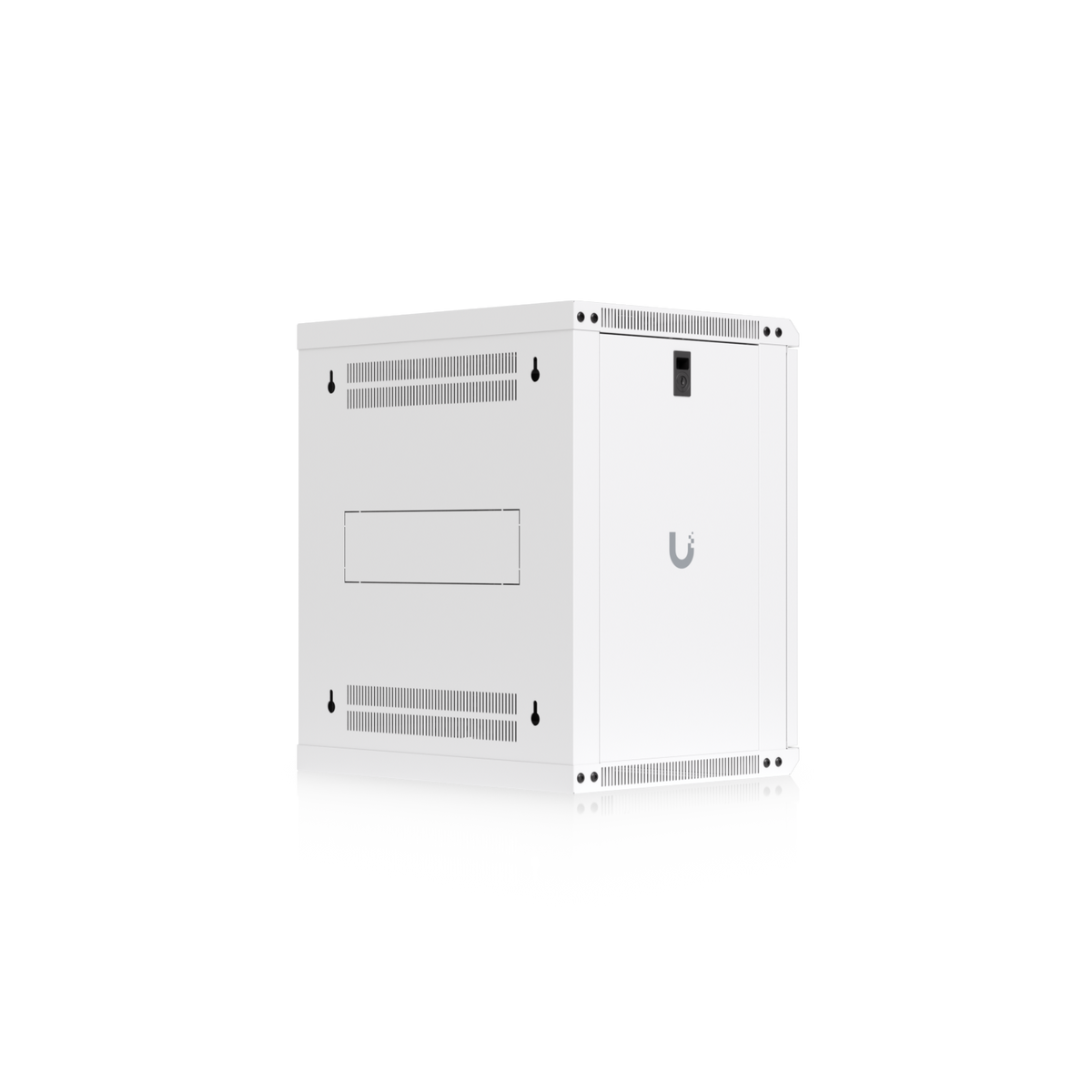 Opposite rear three-quarter view of the Ubiquiti UACC-Rack-12U-Wall-450-P UniFi Slim 12U rack cabinet with solid side panel and rear mounting features.