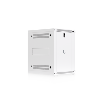 Opposite rear three-quarter view of the Ubiquiti UACC-Rack-12U-Wall-450-P UniFi Slim 12U rack cabinet with solid side panel and rear mounting features.
