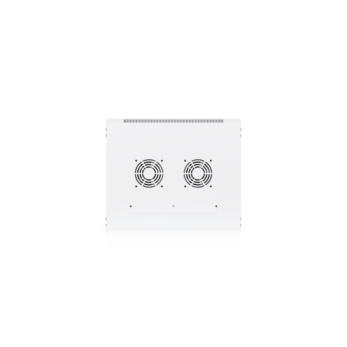Top panel of the Ubiquiti UACC-Rack-12U-Wall-450-P UniFi Slim 12U rack cabinet with two fan grilles and a covered cable entry opening.