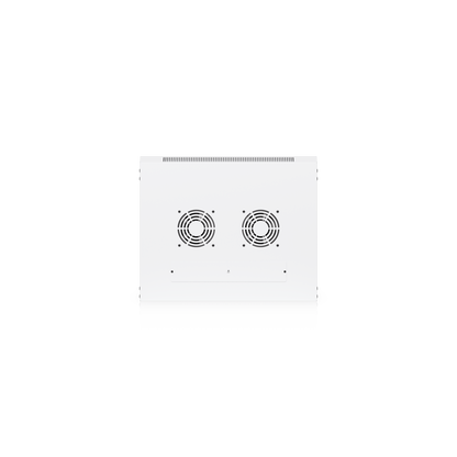 Top panel of the Ubiquiti UACC-Rack-12U-Wall-450-P UniFi Slim 12U rack cabinet with two fan grilles and a covered cable entry opening.