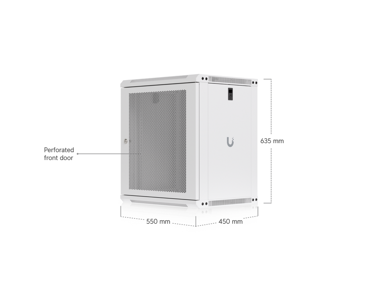 Ubiquiti UACC-Rack-12U-Wall-450-P UniFi Slim 12U rack cabinet dimensions showing a perforated front door and 635mm x 550mm x 450mm enclosure size.