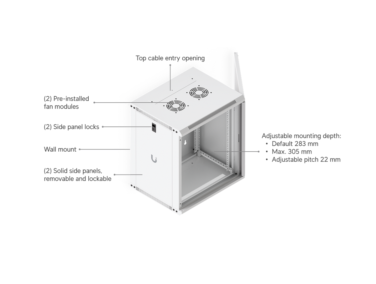Ubiquiti UACC-Rack-12U-Wall-450-P feature diagram showing dual fan modules, top cable entry, lockable side panels and 283mm to 305mm adjustable mounting depth.