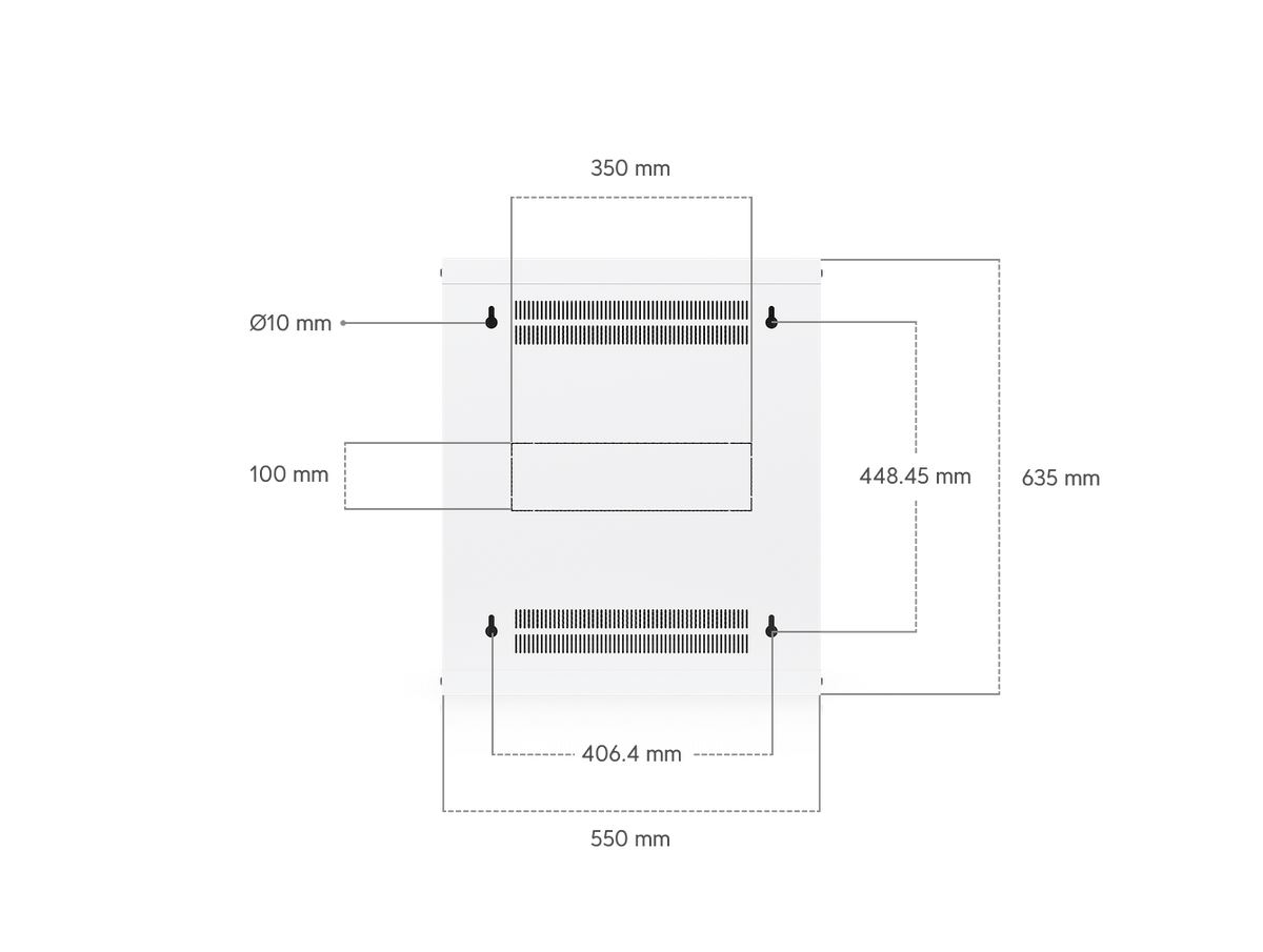 Ubiquiti UACC-Rack-12U-Wall-450-P rear mounting diagram with 350mm horizontal spacing, 448.45mm vertical spacing, Ø10mm holes and 100mm cable opening.