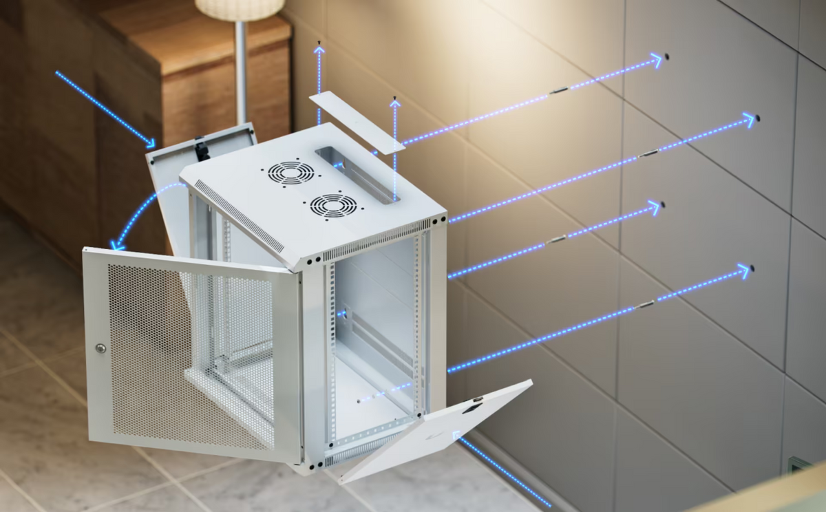 Ubiquiti UACC-Rack-12U-Wall-450-P wall-mount installation view showing the open perforated door, removable panels, top cable entry and fixing paths.