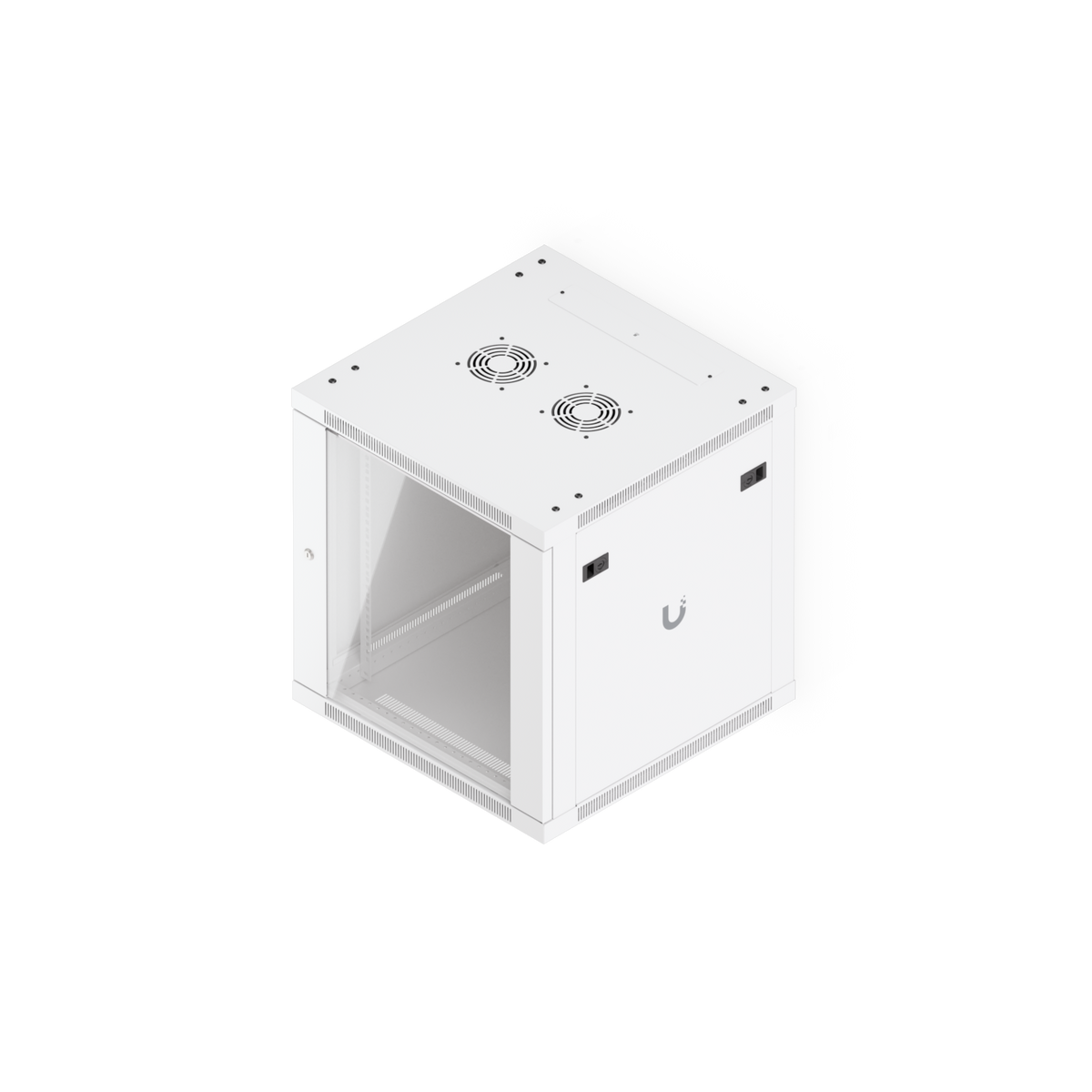 Ubiquiti UACC-Rack-12U-Wall-600-G UniFi Standard 12U rack cabinet, elevated front-right view with glass door, side panel and dual top fan vents.