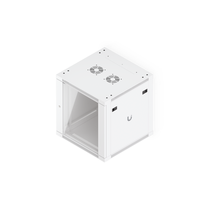 Ubiquiti UACC-Rack-12U-Wall-600-G UniFi Standard 12U rack cabinet, elevated front-right view with glass door, side panel and dual top fan vents.