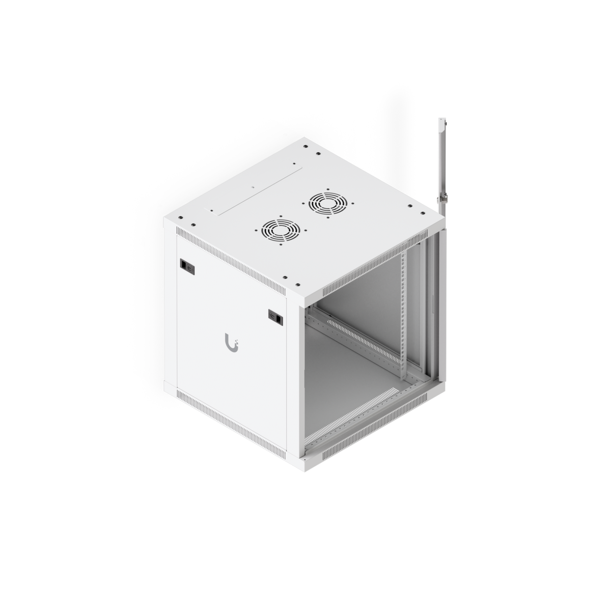 Ubiquiti UACC-Rack-12U-Wall-600-G UniFi Standard 12U rack cabinet, elevated front-left view with glass door open to reveal the interior rack rails.