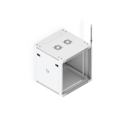 Ubiquiti UACC-Rack-12U-Wall-600-G UniFi Standard 12U rack cabinet, elevated front-left view with glass door open to reveal the interior rack rails.