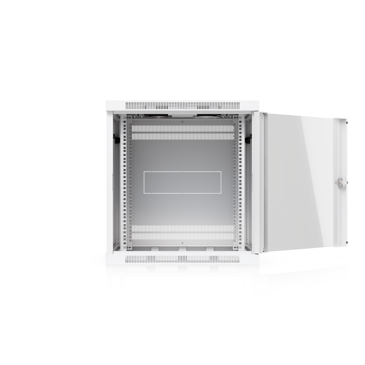 Ubiquiti UACC-Rack-12U-Wall-600-G UniFi Standard 12U rack cabinet with glass door open, showing the interior mounting rails and rear ventilation.