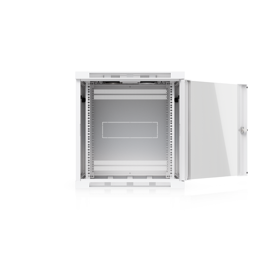 Ubiquiti UACC-Rack-12U-Wall-600-G UniFi Standard 12U rack cabinet with glass door open, showing the interior mounting rails and rear ventilation.