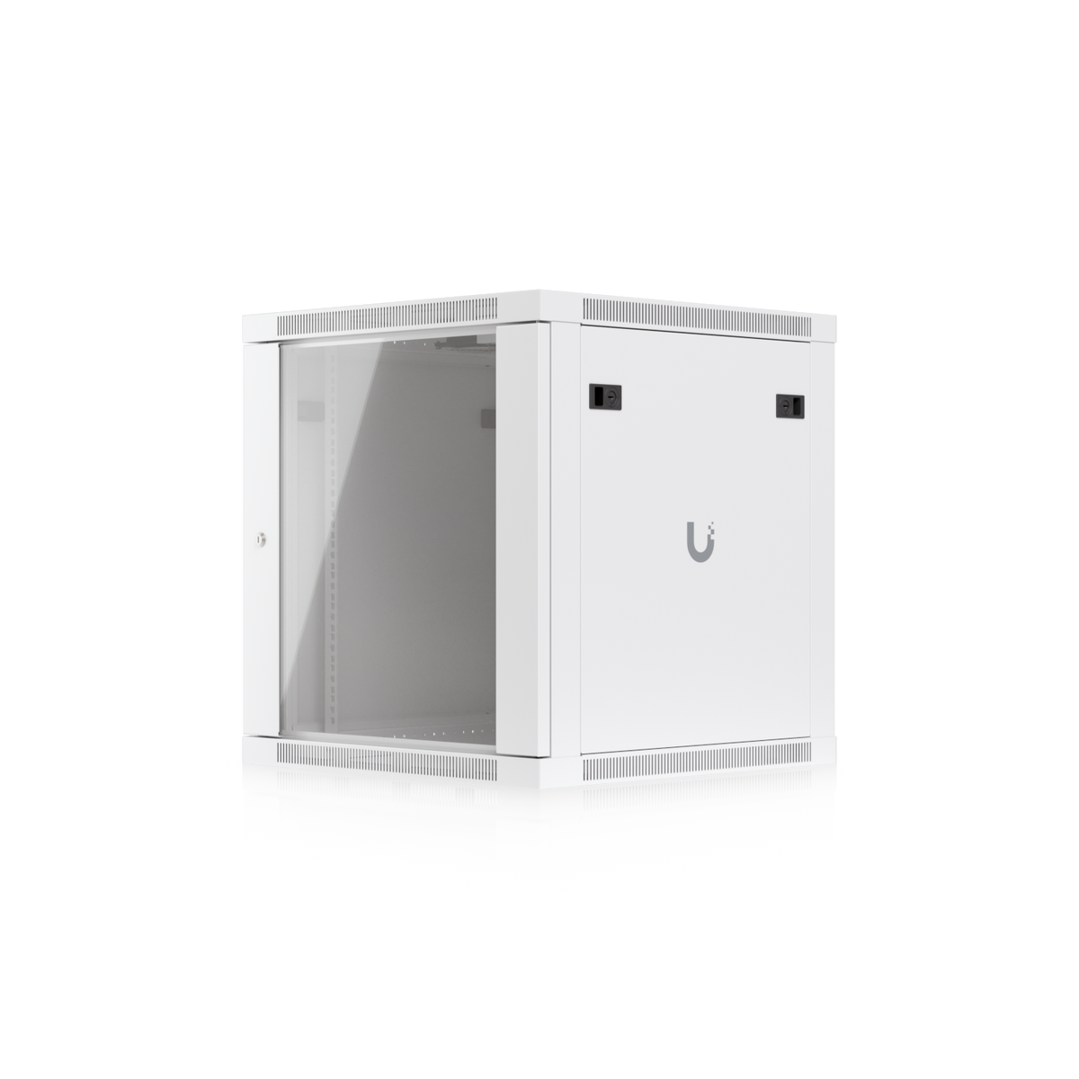Ubiquiti UACC-Rack-12U-Wall-600-G UniFi Standard 12U rack cabinet, front-right view with glass door, latched side panel and UniFi logo.