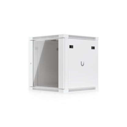 Ubiquiti UACC-Rack-12U-Wall-600-G UniFi Standard 12U rack cabinet, front-right view with glass door, latched side panel and UniFi logo.
