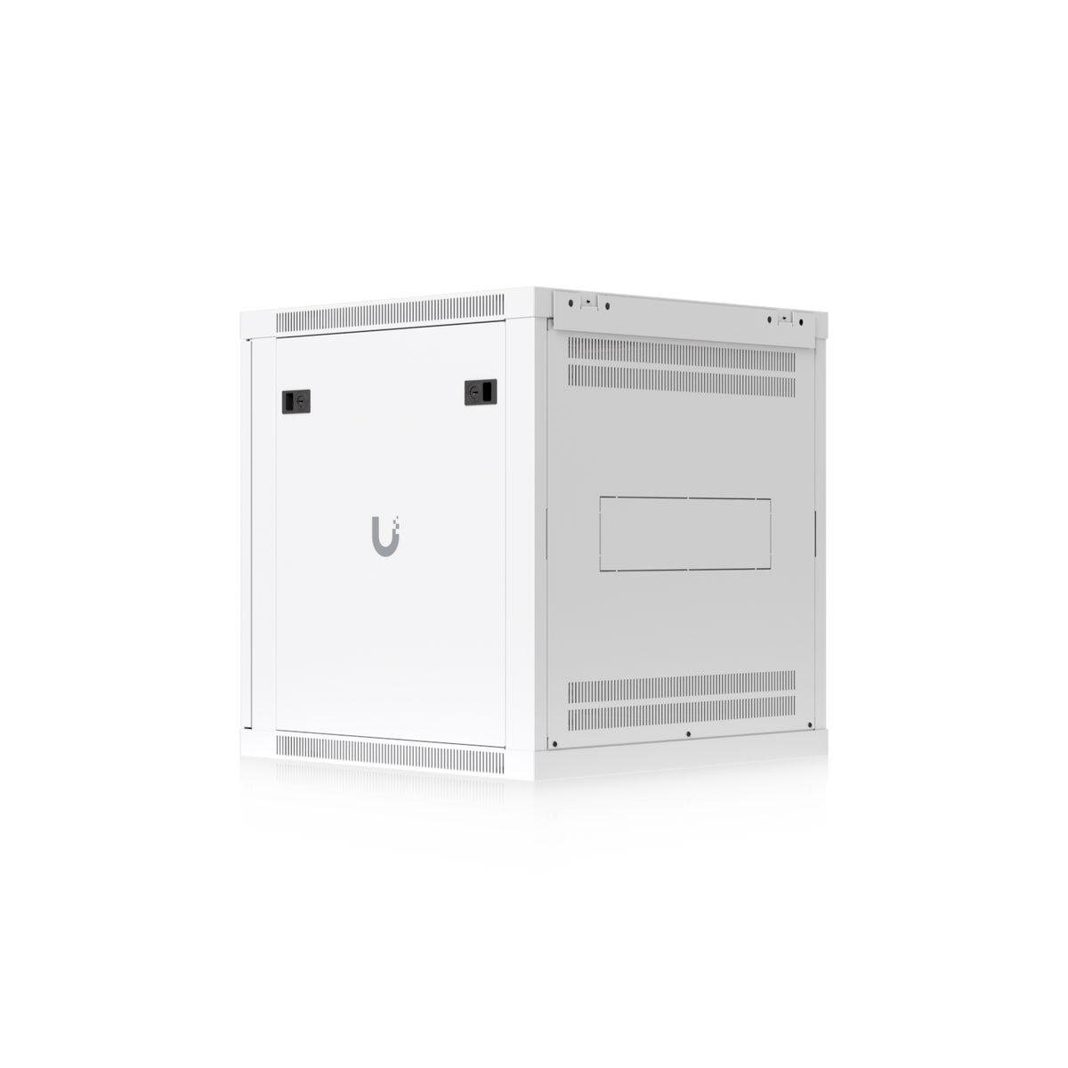 Ubiquiti UACC-Rack-12U-Wall-600-G UniFi Standard 12U rack cabinet, rear-right view with solid side panel, rear ventilation and cable access opening.