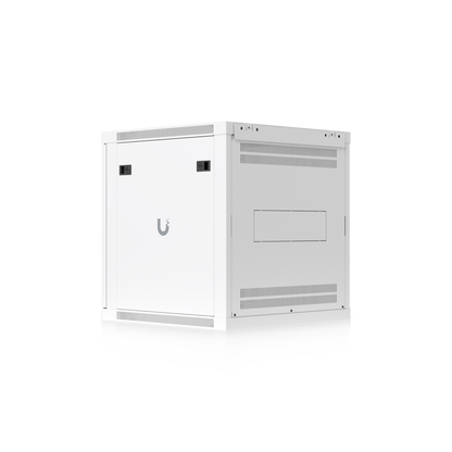 Ubiquiti UACC-Rack-12U-Wall-600-G UniFi Standard 12U rack cabinet, rear-right view with solid side panel, rear ventilation and cable access opening.