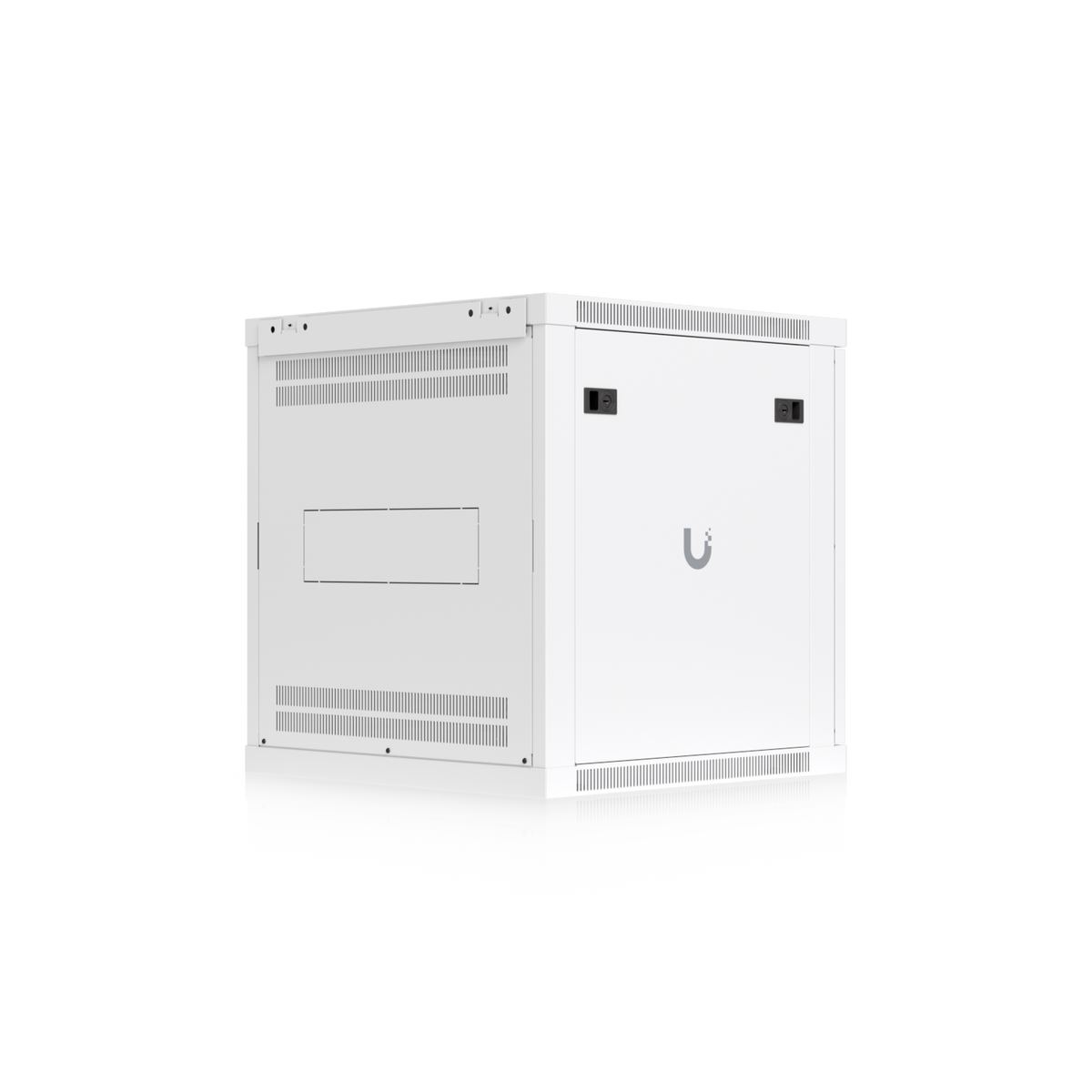 Ubiquiti UACC-Rack-12U-Wall-600-G UniFi Standard 12U rack cabinet, rear-left view with ventilated back panel, cable access opening and latched side panel.