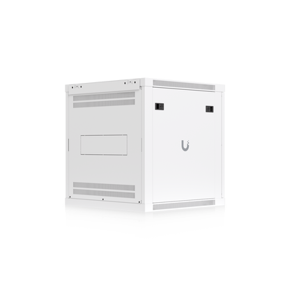 Ubiquiti UACC-Rack-12U-Wall-600-G UniFi Standard 12U rack cabinet, rear-left view with ventilated back panel, cable access opening and latched side panel.