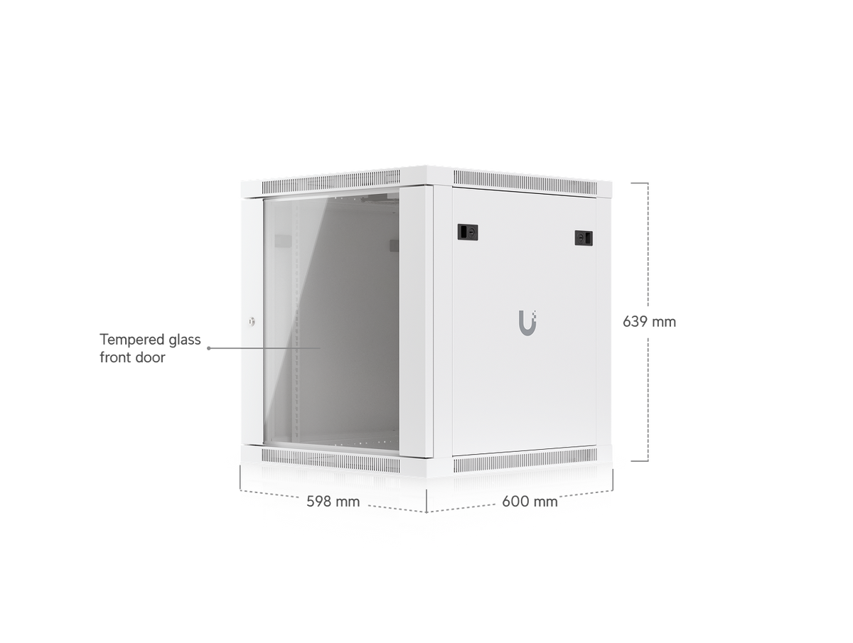 Ubiquiti UACC-Rack-12U-Wall-600-G UniFi Standard 12U rack cabinet dimensions showing the tempered glass front door, 600 mm width, 598 mm depth and 639 mm height.