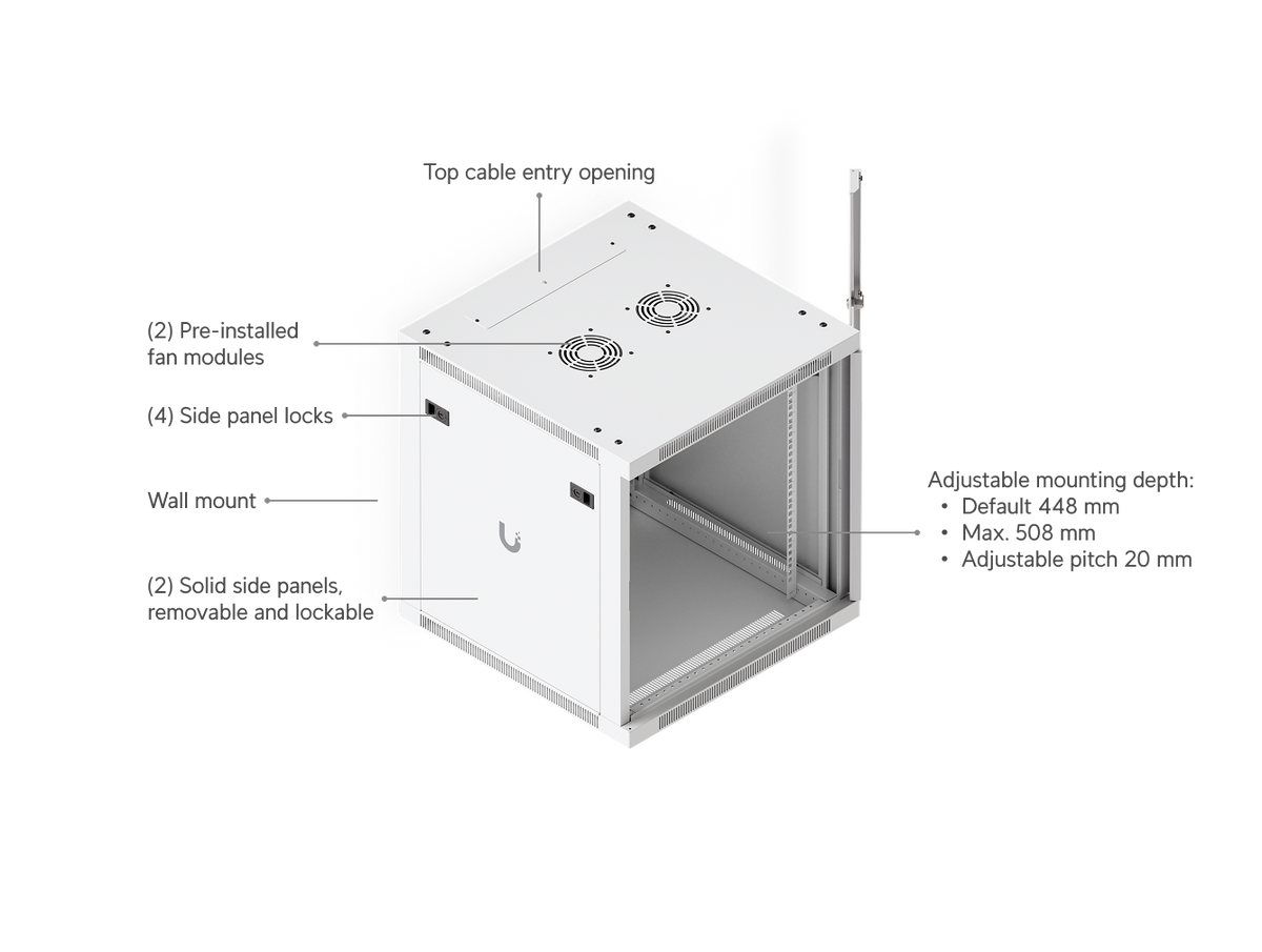 Ubiquiti UACC-Rack-12U-Wall-600-G UniFi Standard 12U rack cabinet feature diagram showing dual fan modules, top cable entry, wall mount, lockable side panels and 448–508 mm adjustable mounting depth.