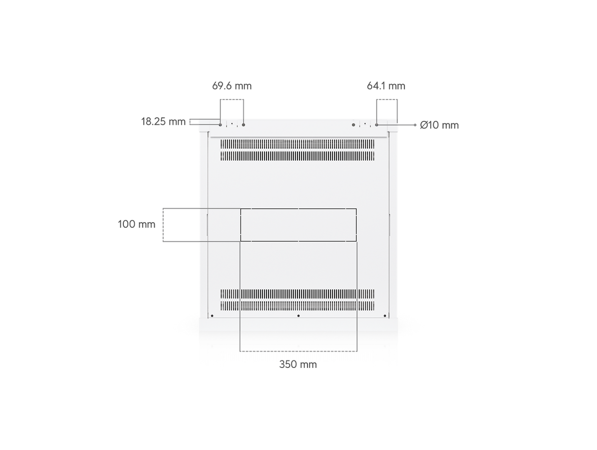 Ubiquiti UACC-Rack-12U-Wall-600-G UniFi Standard 12U rack cabinet rear panel dimensions showing a 350 x 100 mm cable opening, ventilation slots and Ø10 mm mounting holes.