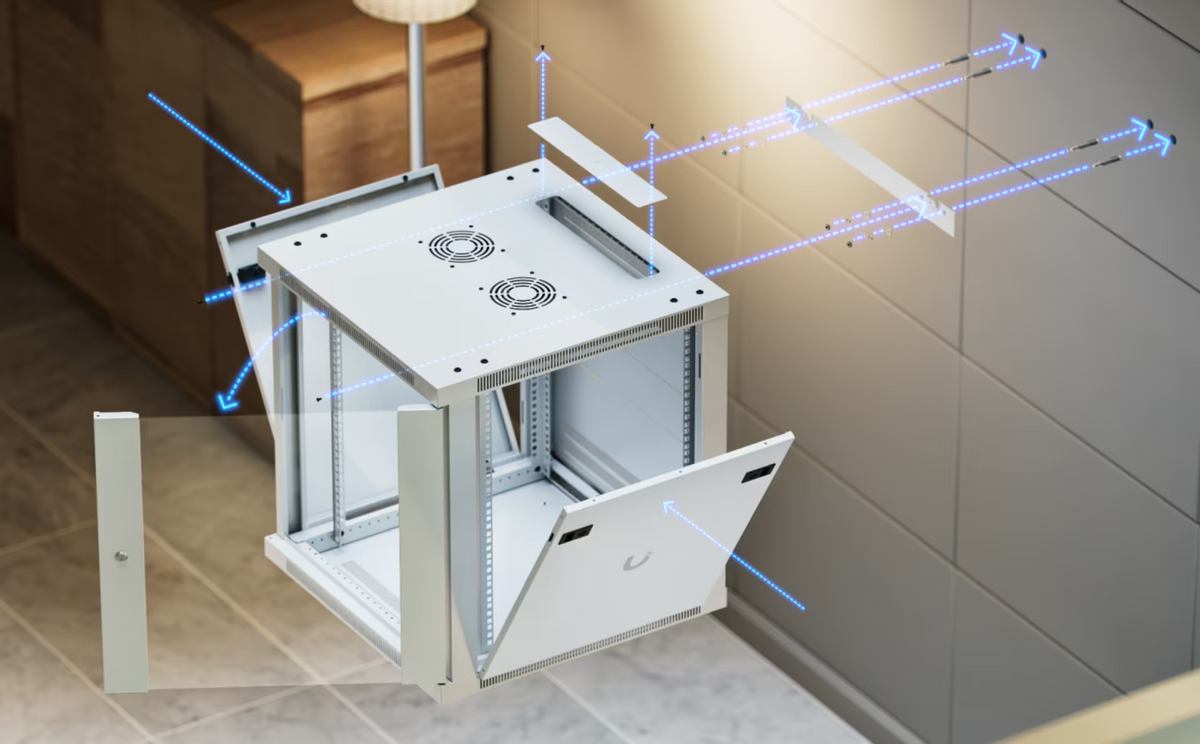 Ubiquiti UACC-Rack-12U-Wall-600-G UniFi Standard 12U rack cabinet exploded installation view showing removable panels, glass front door, dual top fan modules, cable entry and wall-mount hardware.