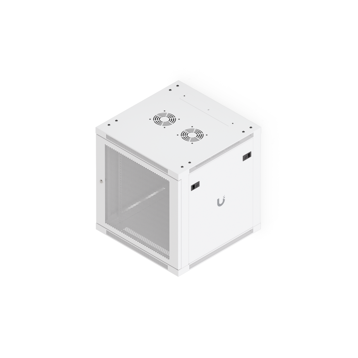 Ubiquiti UACC-Rack-12U-Wall-600-P UniFi 12U Rack Cabinet elevated view with perforated front door, side panel and top fan openings