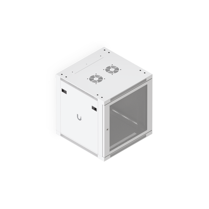 Ubiquiti UACC-Rack-12U-Wall-600-P UniFi 12U Rack Cabinet elevated opposite angle showing the perforated door and top ventilation