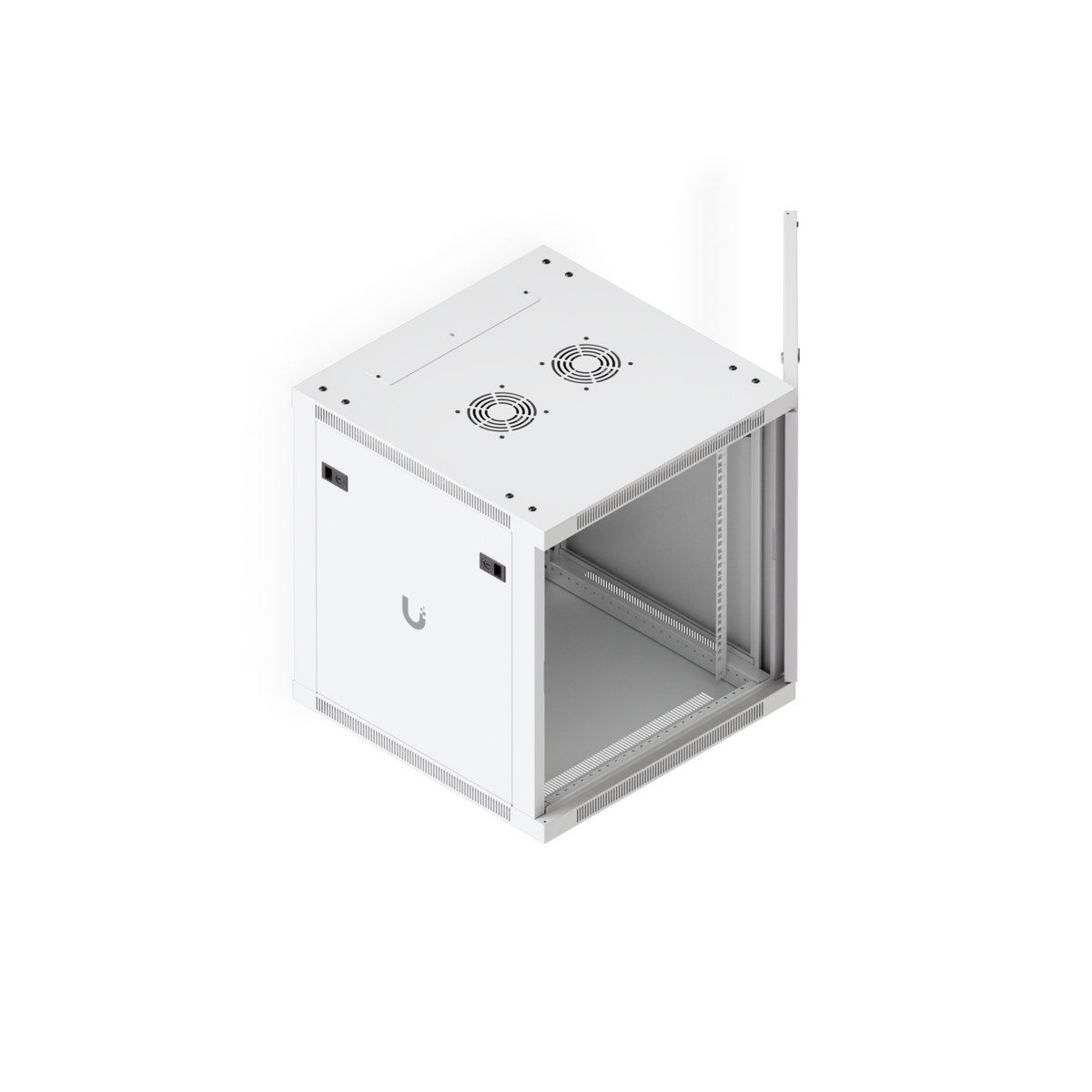 Ubiquiti UACC-Rack-12U-Wall-600-P UniFi 12U Rack Cabinet elevated view with front door open, interior rails and top fan openings