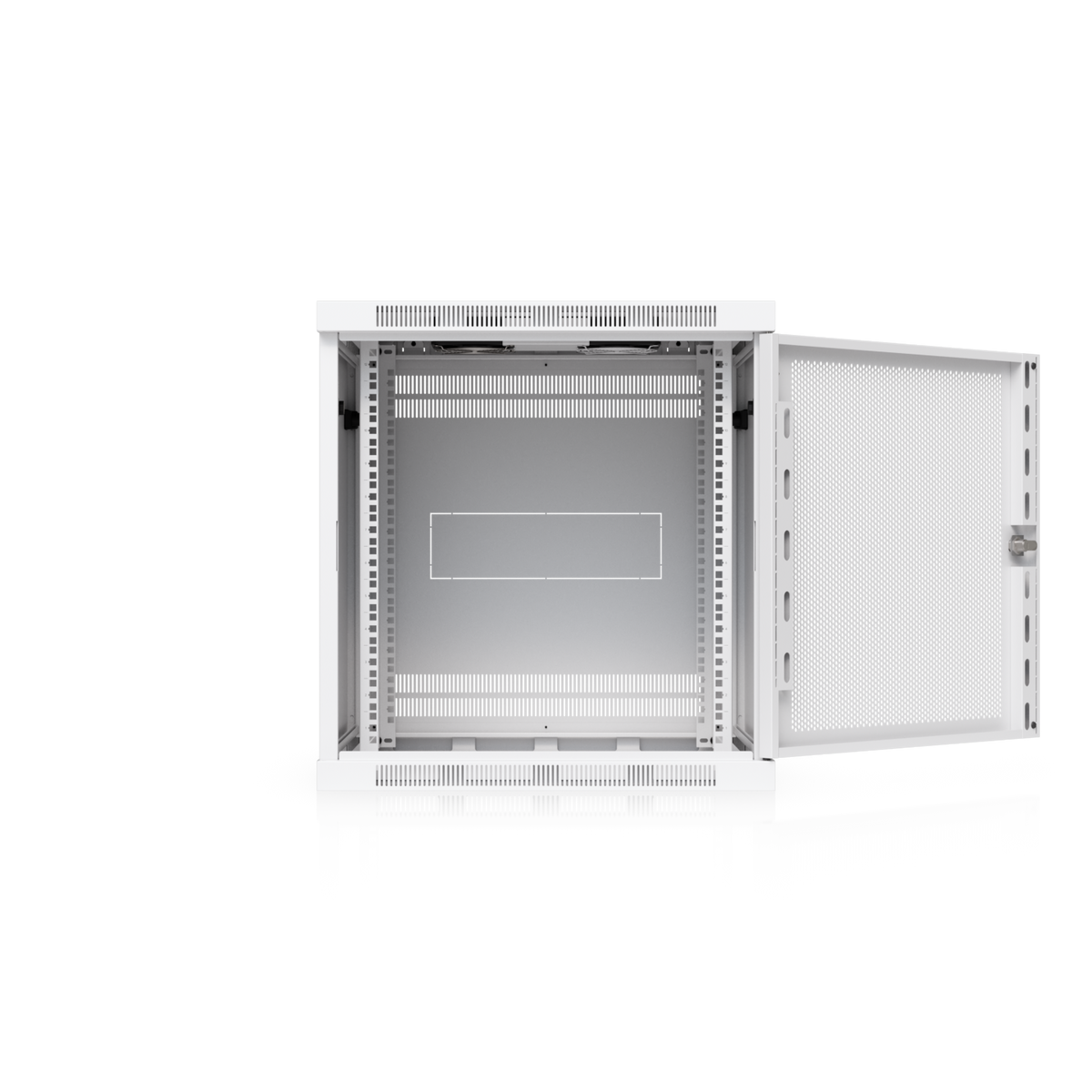 Ubiquiti UACC-Rack-12U-Wall-600-P UniFi 12U Rack Cabinet with perforated front door open, showing the interior rack rails