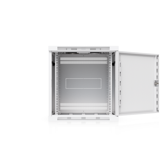 Ubiquiti UACC-Rack-12U-Wall-600-P UniFi 12U Rack Cabinet with perforated front door open, showing the interior rack rails