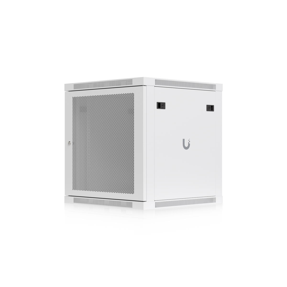 Ubiquiti UACC-Rack-12U-Wall-600-P UniFi 12U Rack Cabinet angled view with perforated front door, side panel and locking latches