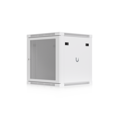 Ubiquiti UACC-Rack-12U-Wall-600-P UniFi 12U Rack Cabinet angled view with perforated front door, side panel and locking latches
