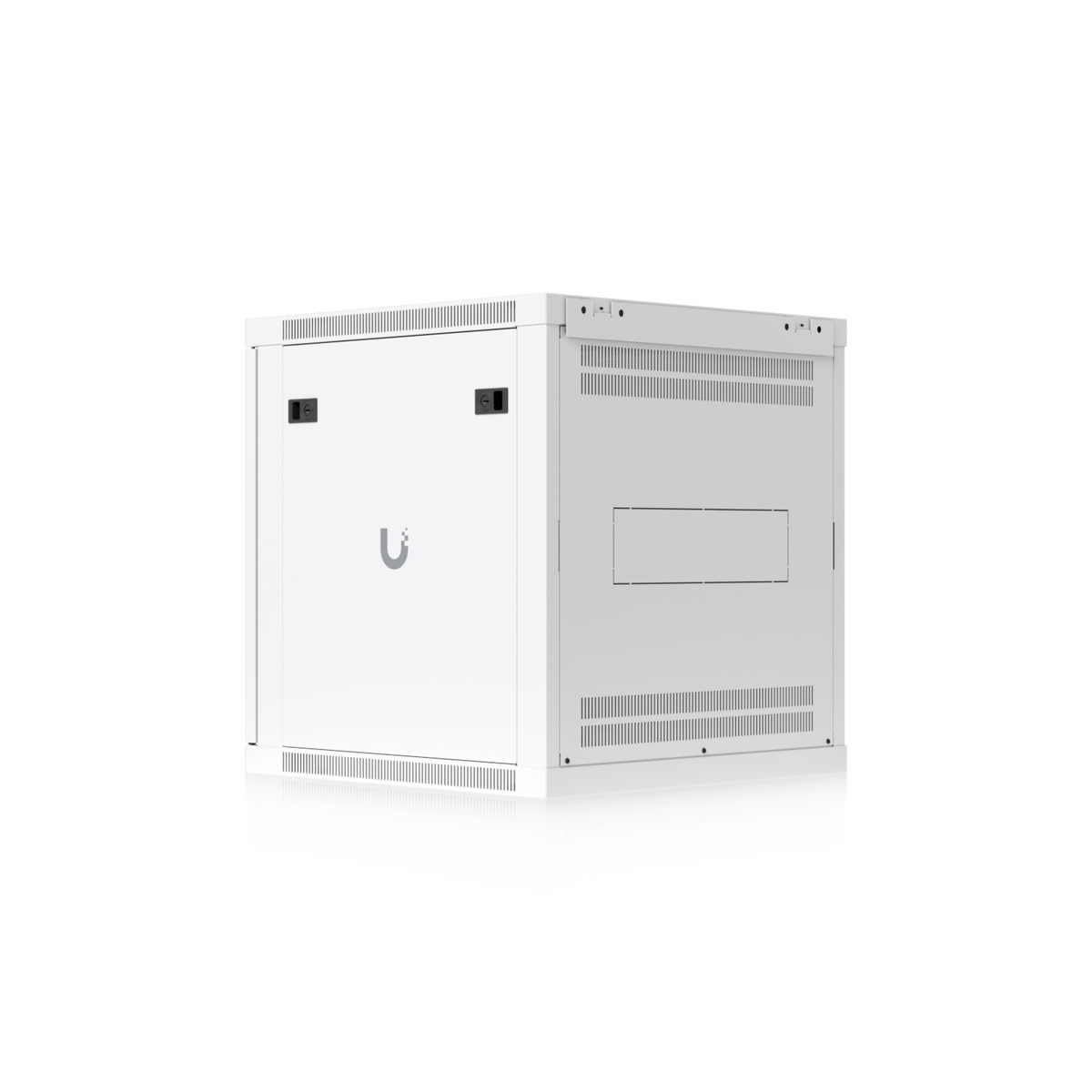 Ubiquiti UACC-Rack-12U-Wall-600-P UniFi 12U Rack Cabinet rear angled view with side panel, rear ventilation and cable access panel