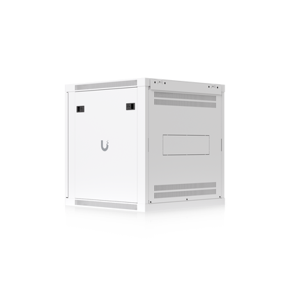 Ubiquiti UACC-Rack-12U-Wall-600-P UniFi 12U Rack Cabinet rear angled view with side panel, rear ventilation and cable access panel