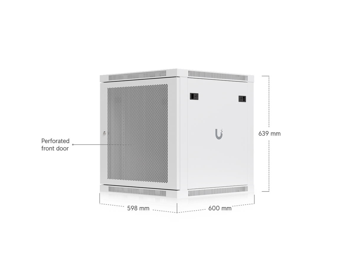 Ubiquiti UACC-Rack-12U-Wall-600-P UniFi Standard 12U Rack Cabinet dimension diagram with perforated front door and 598 mm x 600 mm x 639 mm size