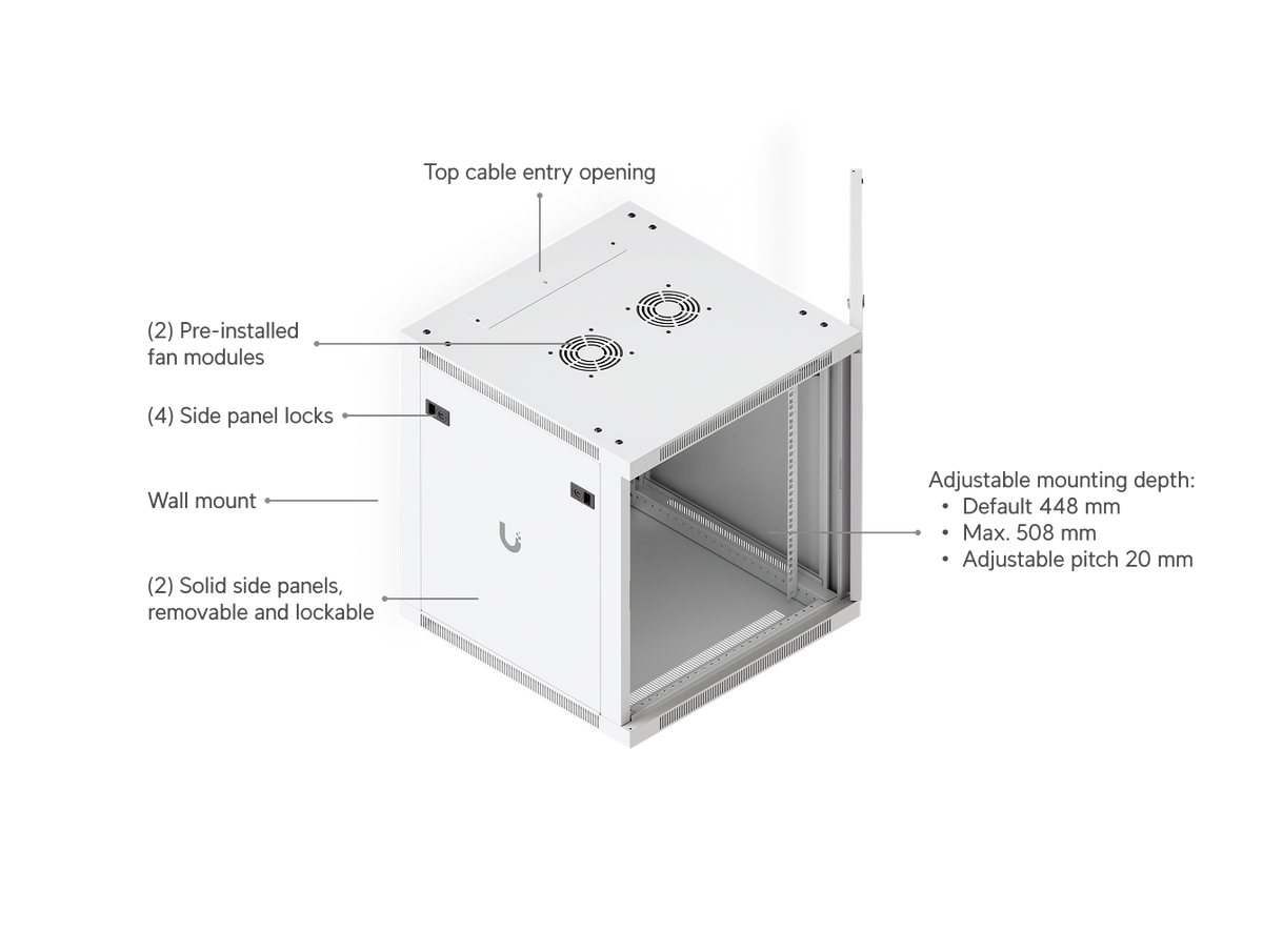 Ubiquiti UACC-Rack-12U-Wall-600-P UniFi 12U Rack Cabinet feature diagram with top cable entry, fan modules, lockable side panels and adjustable mounting depth