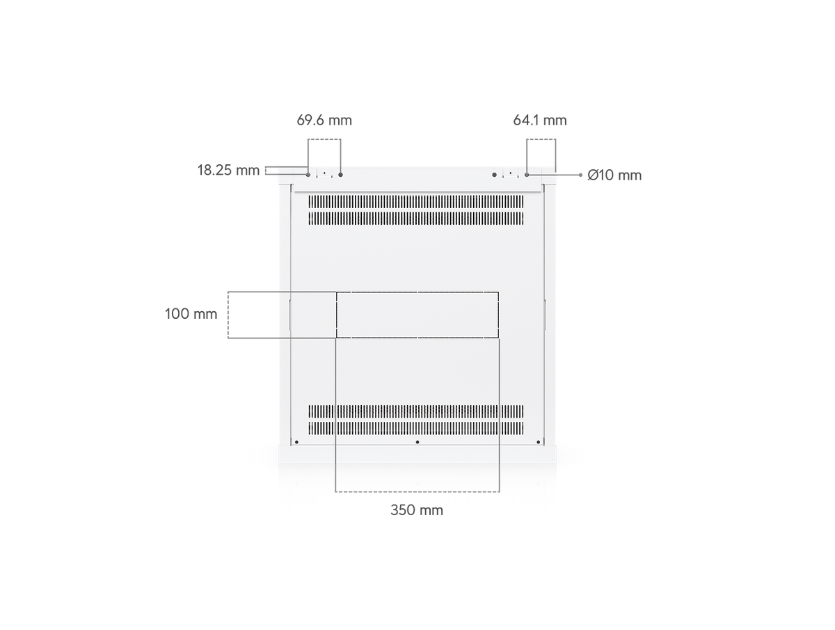 Ubiquiti UACC-Rack-12U-Wall-600-P UniFi 12U Rack Cabinet rear mounting diagram with ventilation slots, cable access opening and wall-mount measurements