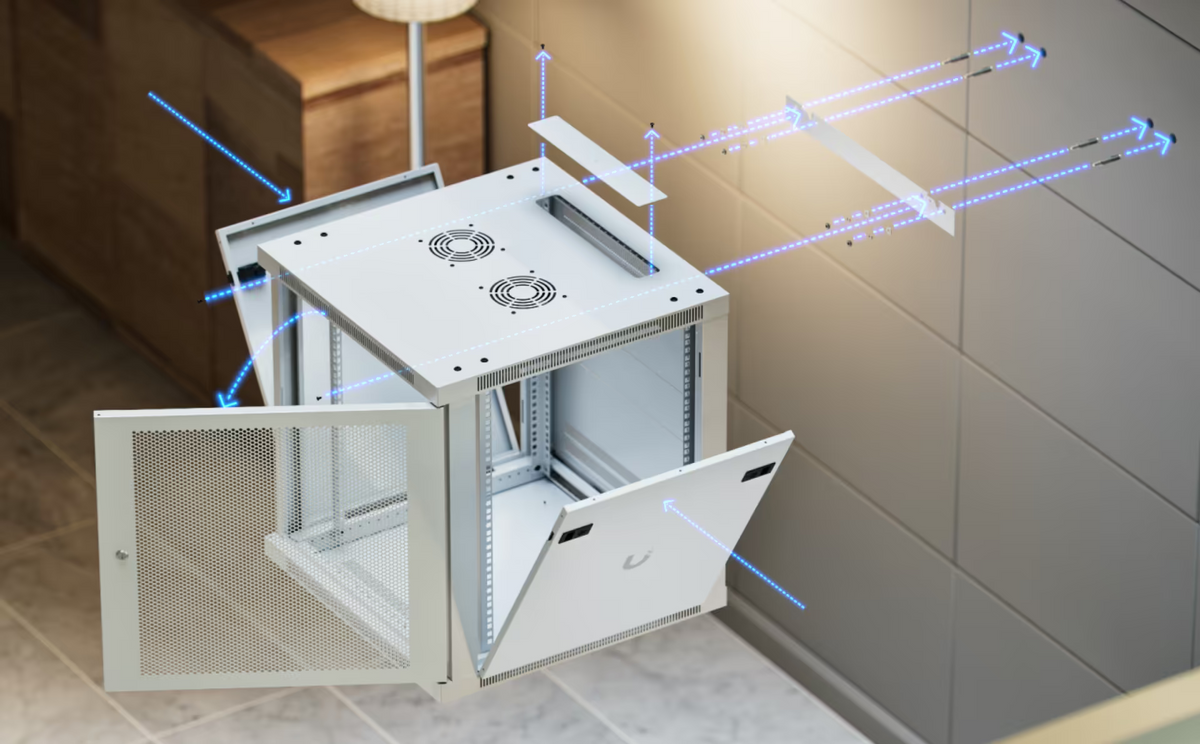 Ubiquiti UACC-Rack-12U-Wall-600-P UniFi 12U Rack Cabinet feature view with open perforated door, removable side panel, fan modules and cable entry