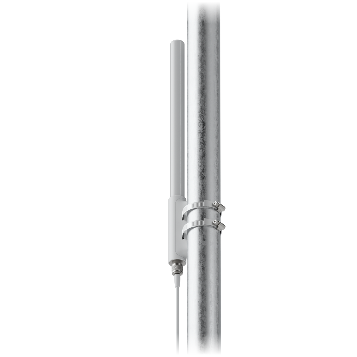Rear view of the Ubiquiti UniFi SuperLink high-gain antenna installed on a pole with dual metal clamps