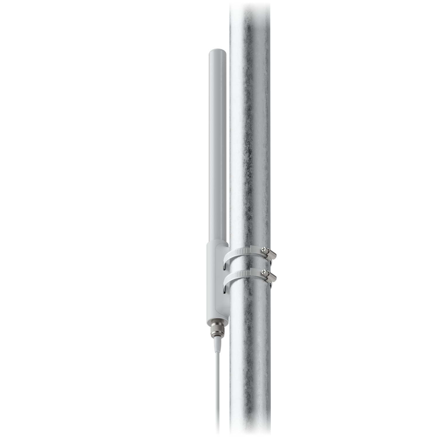 Rear view of the Ubiquiti UniFi SuperLink high-gain antenna installed on a pole with dual metal clamps