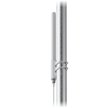 Rear view of the Ubiquiti UniFi SuperLink high-gain antenna installed on a pole with dual metal clamps
