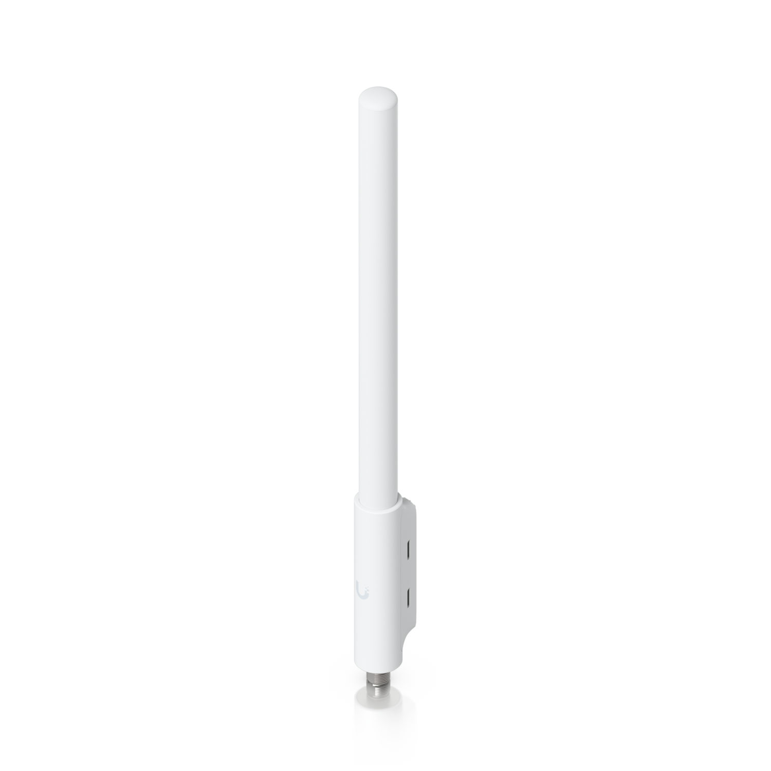Angled front view of the Ubiquiti UniFi SuperLink high-gain antenna with logo, mounting bracket and connector