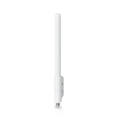 Angled front view of the Ubiquiti UniFi SuperLink high-gain antenna with logo, mounting bracket and connector