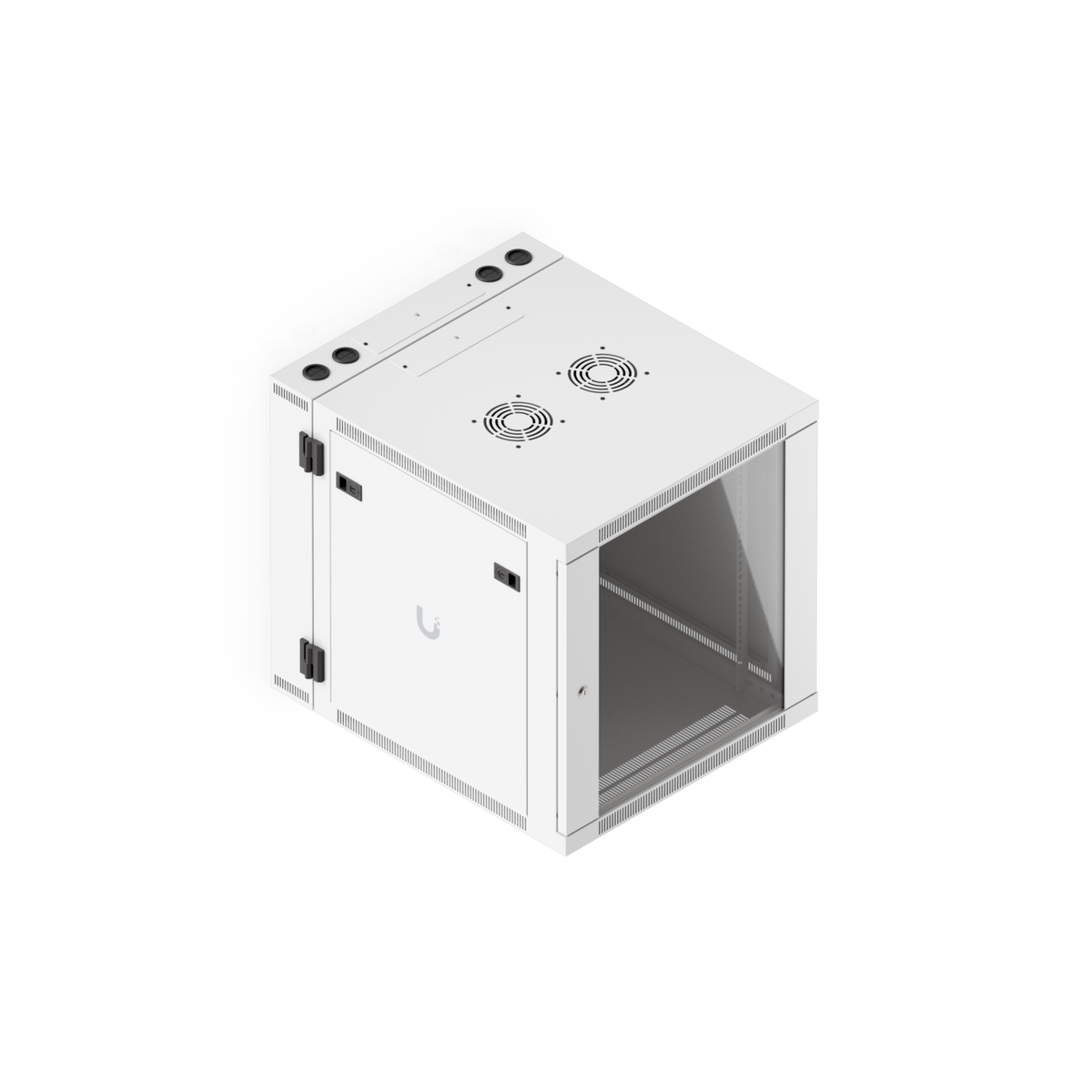 Ubiquiti UACC-Rack-12U-Wall-SW-G UniFi Swing 12U Rack Cabinet, elevated front-left view with glass door, side panel and dual fan mounts.
