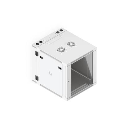 Ubiquiti UACC-Rack-12U-Wall-SW-G UniFi Swing 12U Rack Cabinet, elevated front-left view with glass door, side panel and dual fan mounts.