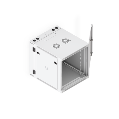 Ubiquiti UACC-Rack-12U-Wall-SW-G UniFi Swing 12U Rack Cabinet, elevated view with glass door open, exposing the interior mounting rails.