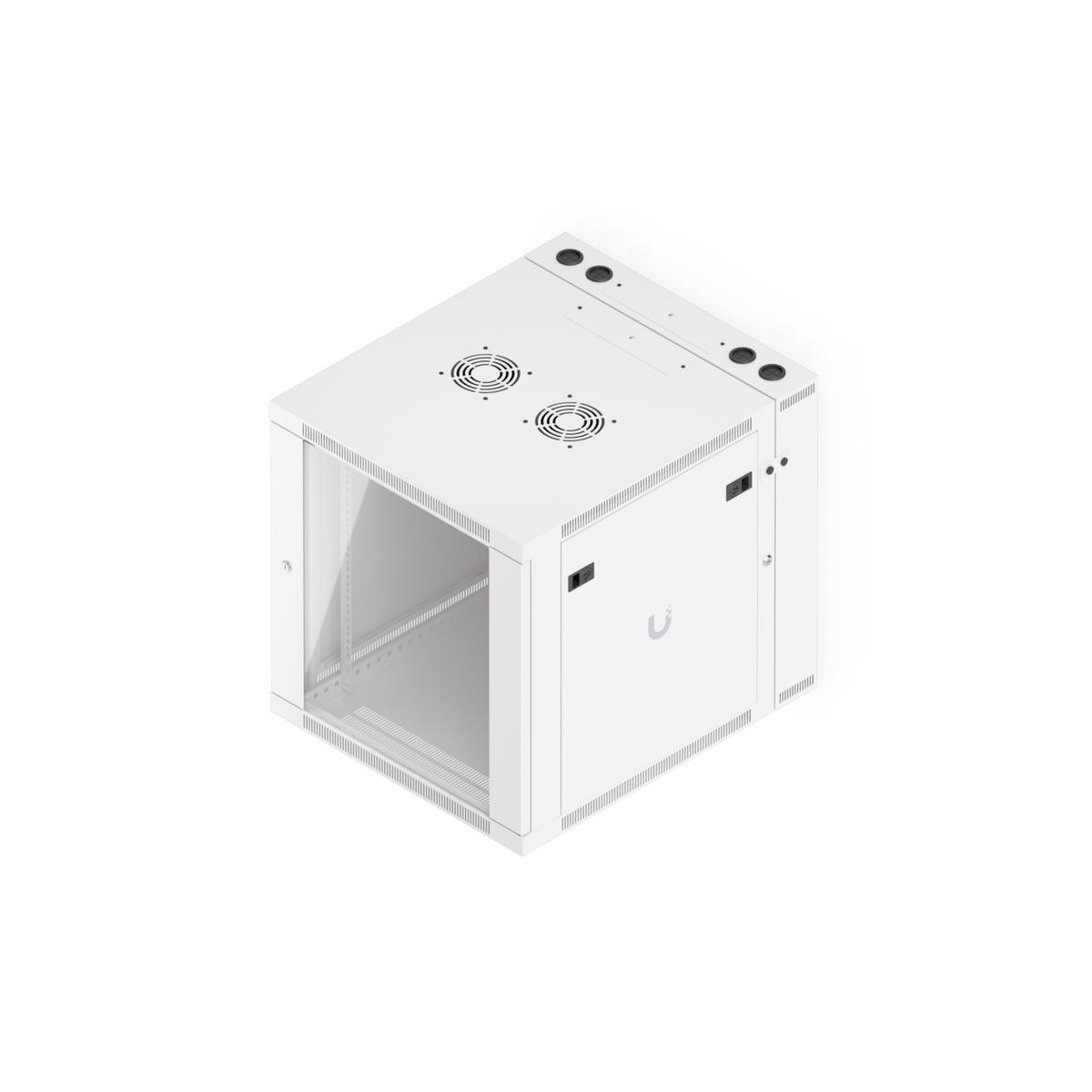 Ubiquiti UACC-Rack-12U-Wall-SW-G UniFi Swing 12U Rack Cabinet, elevated front-right view with glass door, side panel and top fan mounts.