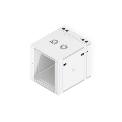 Ubiquiti UACC-Rack-12U-Wall-SW-G UniFi Swing 12U Rack Cabinet, elevated front-right view with glass door, side panel and top fan mounts.